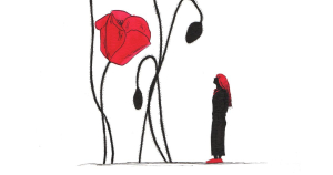 Ilustración de una mujer mirando a una flores rojas
